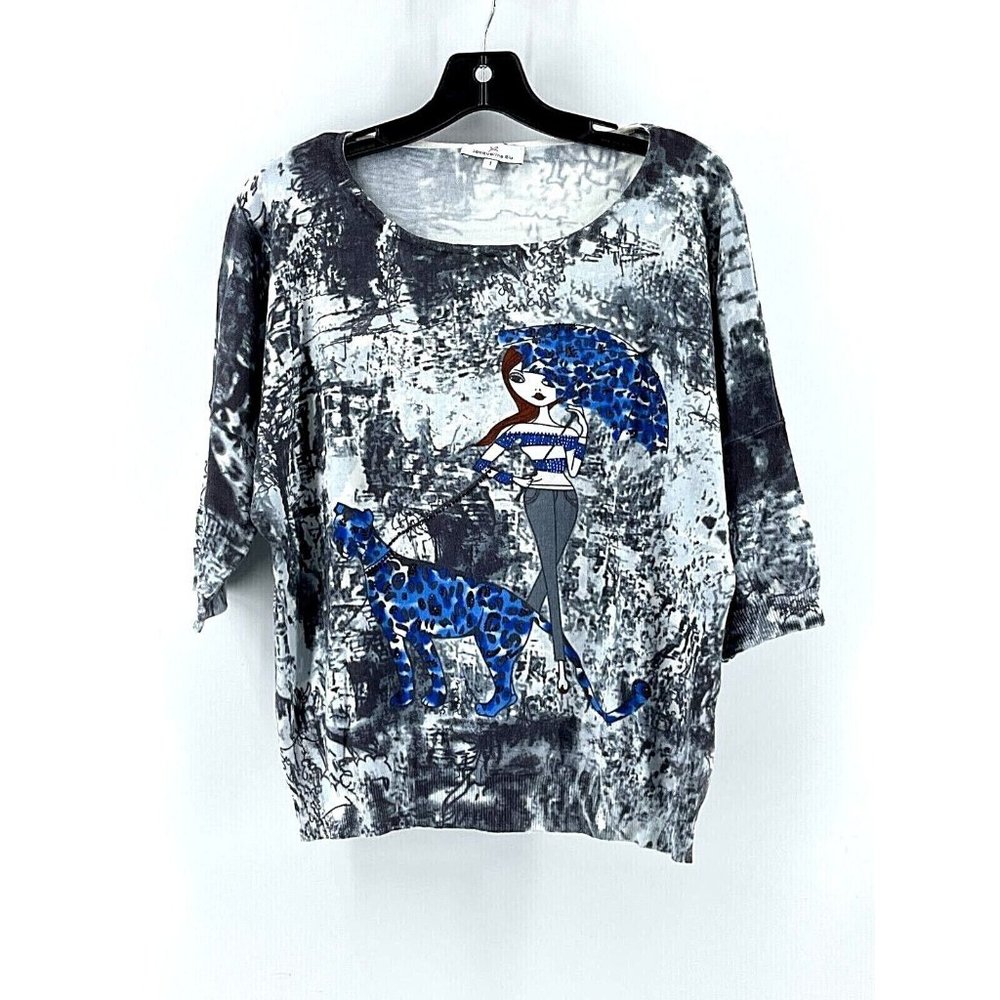 Jacqueline Riu Women's Short Sleeve Blue Rhinestone Cheetah Sweater Size 1 = Med
